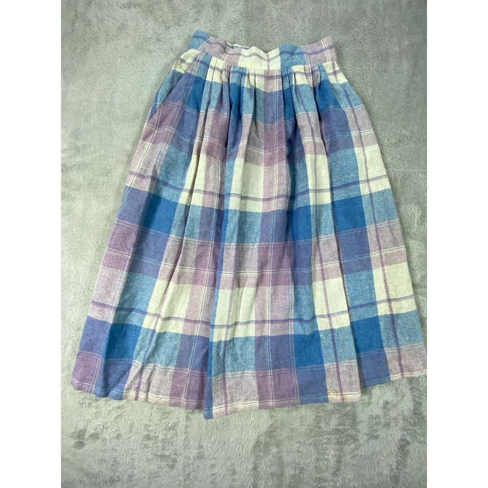 Vintage Midi Skirt Womens 24W Purple Cream Acrylic Tartan Plaid Pleated Back Zip
